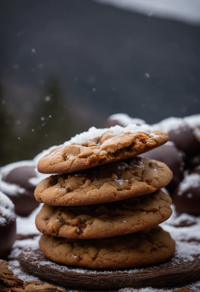 No Alto de uma montanha (vale nevado), Cookies,(biscoito cookie)(chocolate, cookie(gordo), cookie arredondado), cenario(on rustic wood, no alto de uma montanha (ao fundo um vale e montanhas), realista, 4k, Photo by the best photographer in the world, melhor qualidade, grade, realismo absoluto, cookies, biscoito cookie, gotas de chocolate, alto da montanha, neve. Cookies no alto da montanha, natureza, foto na natureza , foto cookies natureza montanha, montanhas, neve, vale, cookies