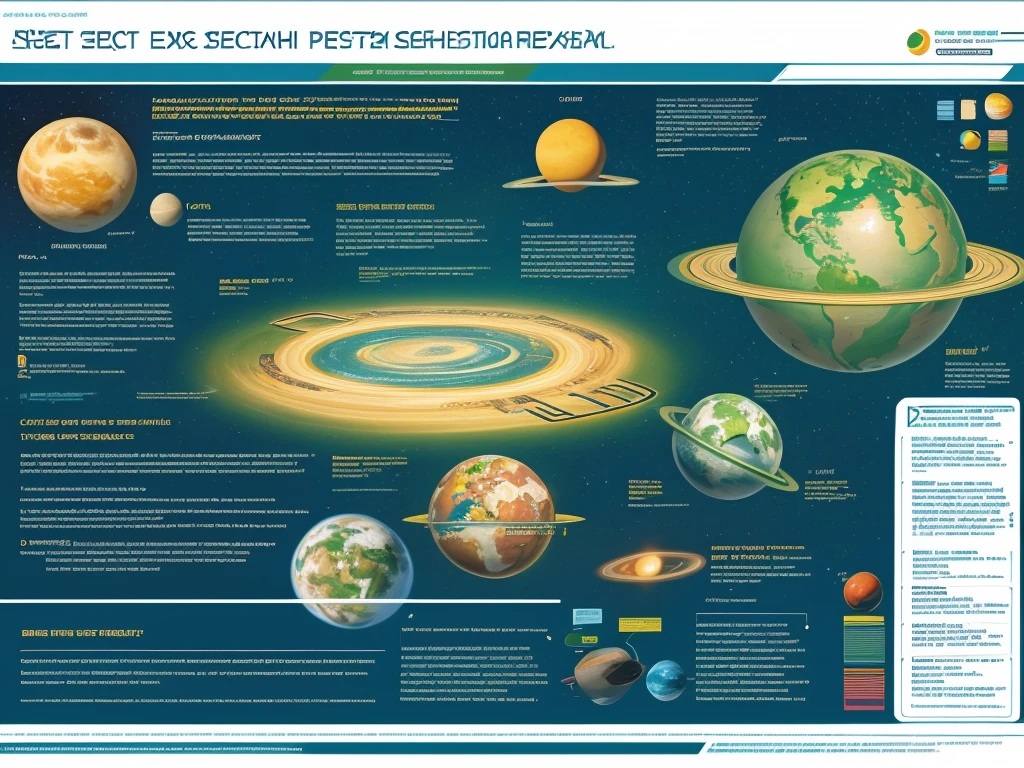 planet design sheet page scan, informative texts and graphs, concept sheet illustration, white backround