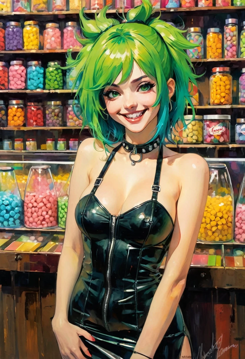 masterpiece, best quality, a green-haired girl in the middle of a small candy store, sexy, mischievous smile, punk look, tight leather dress, pronounced nipples, anime, high quality , simple oil painting in the style of Bill Sienkiewicz
