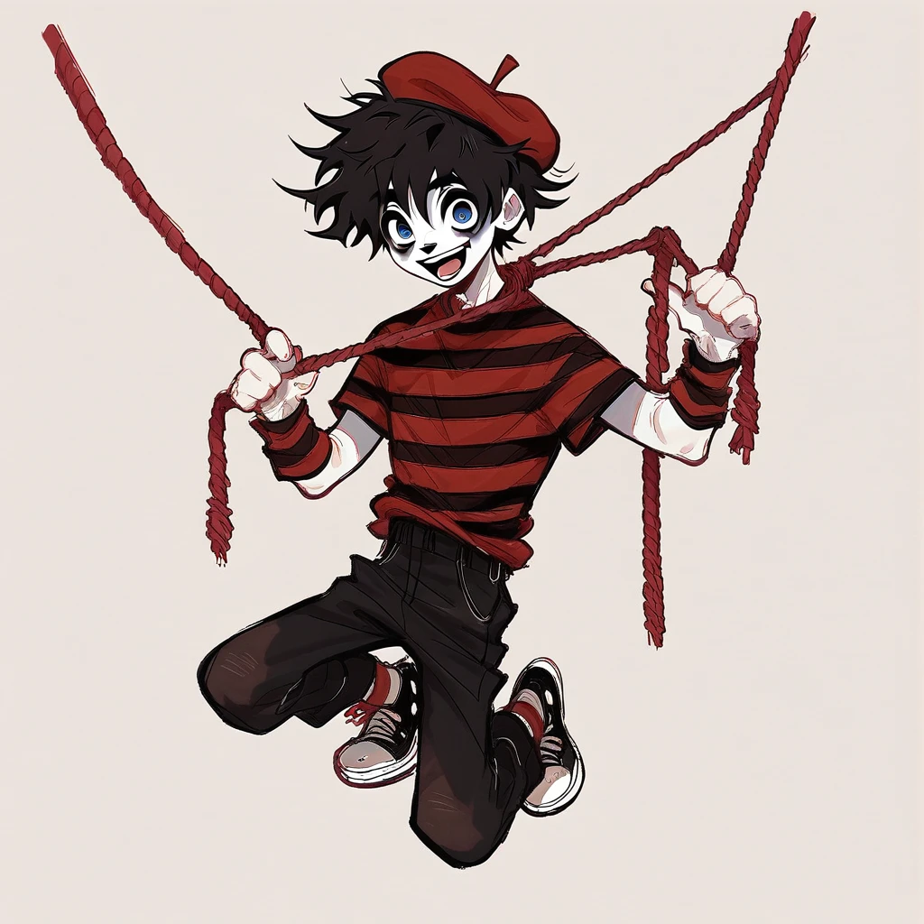 boy mime, shirt grunge, sketchy lines, messy hair, black hair, wearing a beret, score_8_up, score_9_up,happy, has mime makeup on, wearing a mime outfit, dark blue eyes, performing on the streets of paris, miming pulling a rope, showing full body