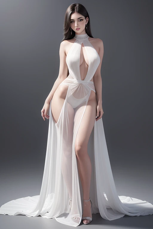 (masterpiece, best quality, ultra-detailed, ultra-HD, photorealistic, cinematic), araffe woman in a sheer white dress posing for a picture, sexy gown, translucent dress, translucent body, fantasy long intricate gown, tall thin beautiful goddess, dressed beautiful gown, wearing long train gown, full body in view, transparent gray dress, attractive feminine curves, clear curvy details, elegant sleek smooth body, smooth translucent white skin, (black long hair:1.2), long tail dress