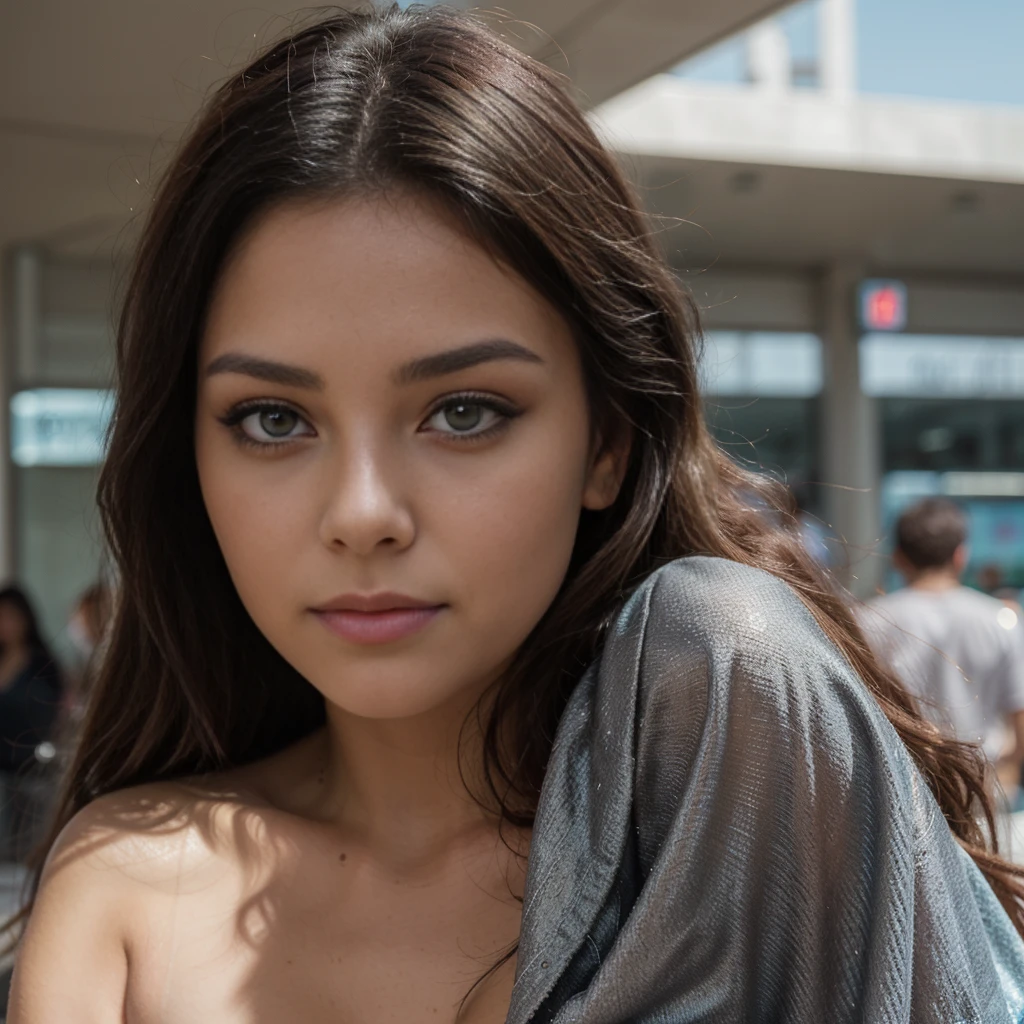(une jeune fille colombienne de 21 ans)),((long curly black hair)),yeux marrons ,(((maquillage naturel,peau radiante,CORPS SEXY,peau douce,enchanteur))),waiting at the airport with their suitcases, elle porte une tenue magnifique (texture de peau ultra Realistic) Realistic,8k,yeux parfaits,Best quality,high resolution
