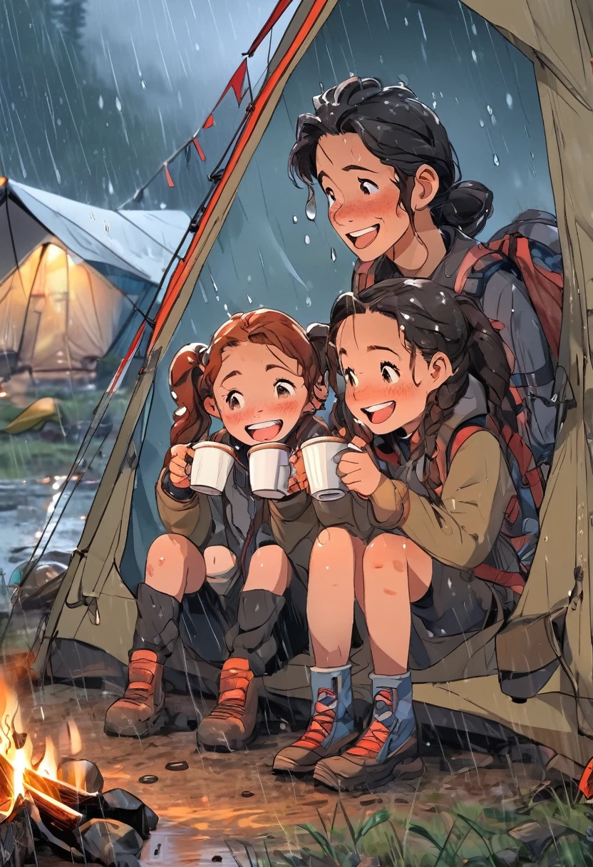  ((masterpiece)),((best quality)),((ultra-detailed)),Twin pigtails,freckles，Reliable (camping,),mountain, Drinking in a tent in the rain,coffee,smile, Heavy rain, troubled smile