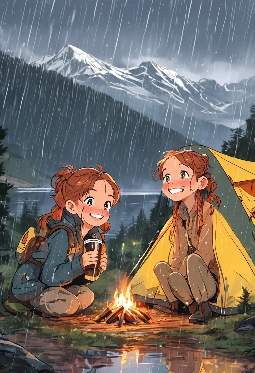  ((masterpiece)),((best quality)),((ultra-detailed)),Twin pigtails,freckles，Reliable (camping,),mountain, Drinking in a tent in the rain,coffee,smile, Heavy rain, troubled smile