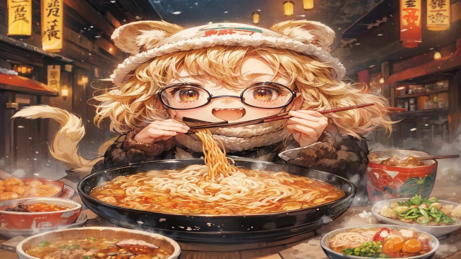 cute lion girl , glasses, Eating , Ramen, be happy, chopstick, excited, winter, winter hat and muffler , Hot spring restaurant , colorful, Manga style, Pen techniques, anime sketch style, The black line is very thick --Nichi 5