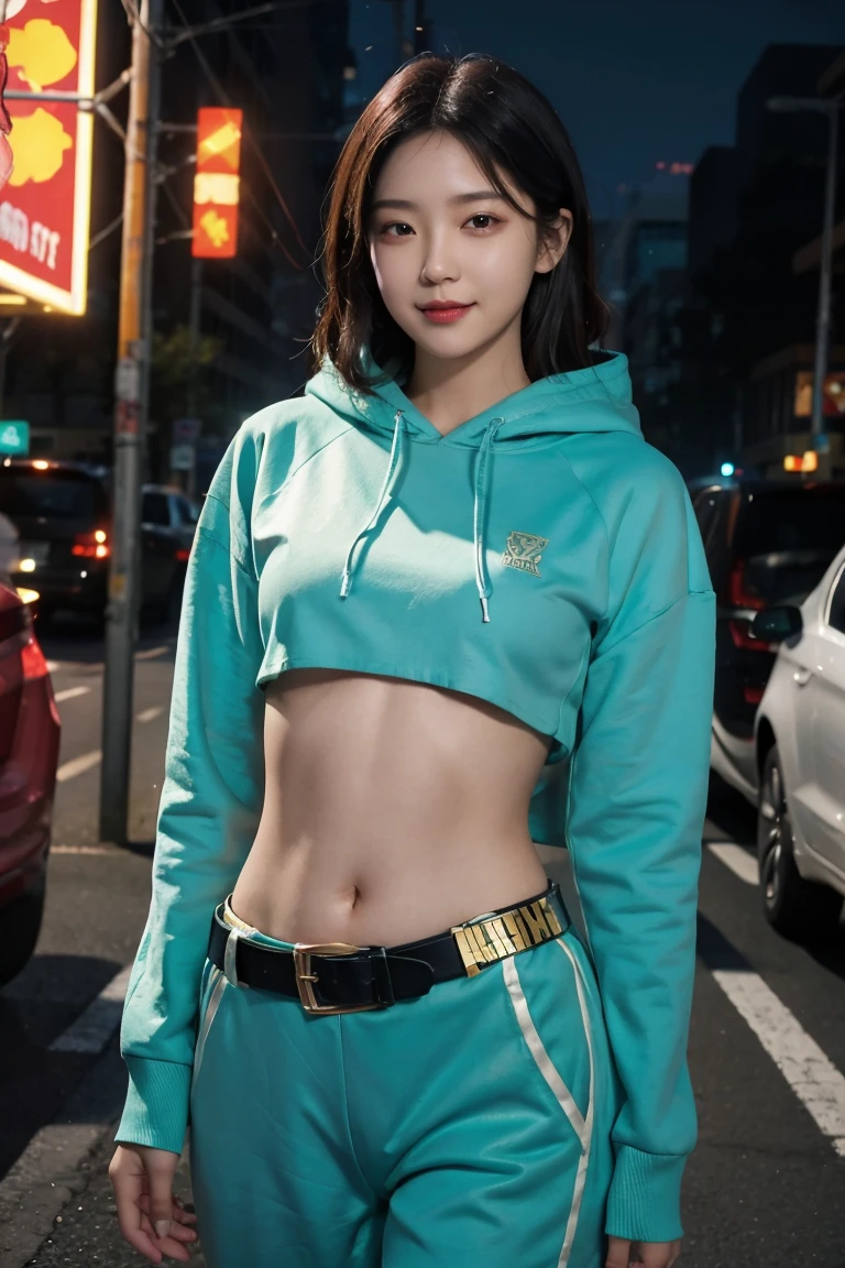 a girl, Thick belly button hoodie, long sleeve, (bare midriff, exposed navel), sexy abs, navel open,completely exposed abdomen, Low-rise hot pants,Exposed lower abdomen,Mermaid Line, groin,metal belt, cowboy shot, summer street, 8k, best quality, masterpiece, photorealistic, ultra-detailed, vivid colors, professional lighting, cinematic, dynamic pose, dramatic lighting, intricate details,Looking at the camera,Smile