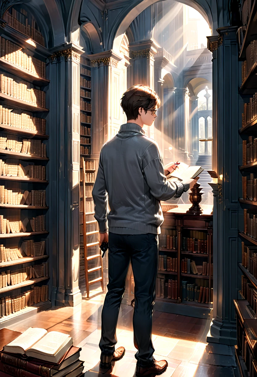 (Back View:1.2), A young man wearing a gray sweater and dark pants is standing in front of a bookshelf, one hand gently caressing a thick ancient book, and the other hand holding a pen, quickly recording something in a notebook. His glasses reflected a faint light, and his focused expression made people feel a thirst for knowledge, Scholars in the library, in the ancient library, high bookshelves are arranged neatly, with only a narrow passage left between each row of bookshelves. The sunlight falls from the high window, forming columns of light, and dust slowly dances in the light. (masterpiece, best quality, Professional, perfect composition, very aesthetic, absurdres, ultra-detailed, intricate details:1.3)