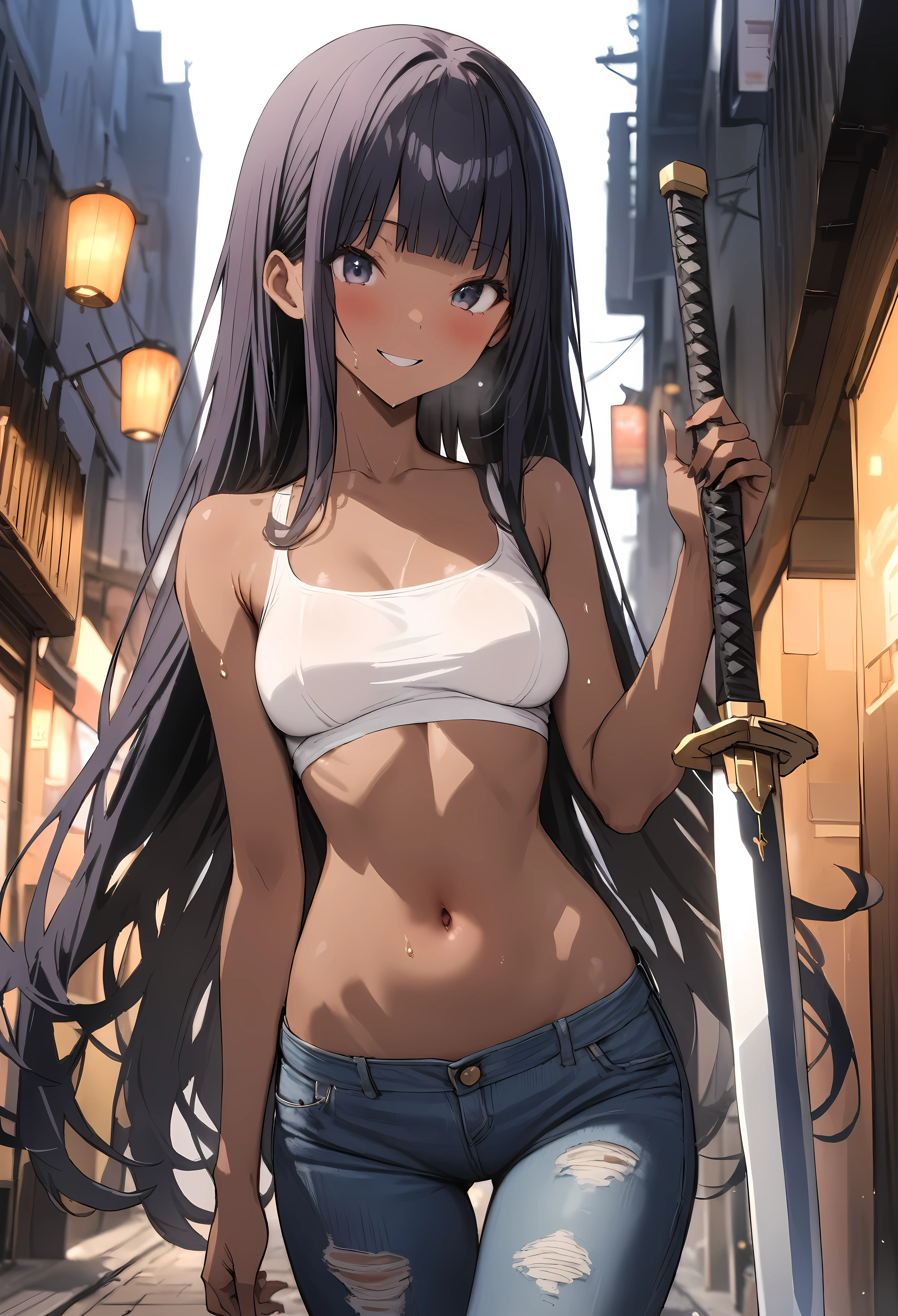 (((masterpiece, highest quality:1.3,absurdres))),25 year old beauty,solo,((very small head:1.2)),long hair,bangs,dark blue hair,dark blue eyes,gorgeous eyes,blush,smile,medium breasts,((very long body:1.2)),((toned body,slender body)),skinny,tan skin,gleaming skin,shiny skin,sweat,((Denim hot pants)),((White tube top,navel)),Holding a sword in both hands、on street,Tokyo、at night、