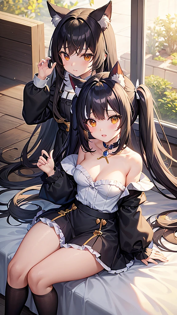 Anime characters　Princess Connect！　Cal　Cat ear　Small breasts　Lolicon　Tsundere　 Girl　Black hair long wavy hair　Twin tails　Right bangs point color white