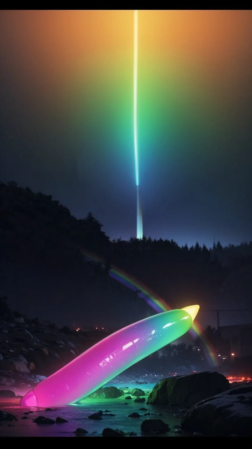 dark, A post-apocalyptic landscape dominated by towering iridescent, (((rainbow colored huge silicon dildos))),