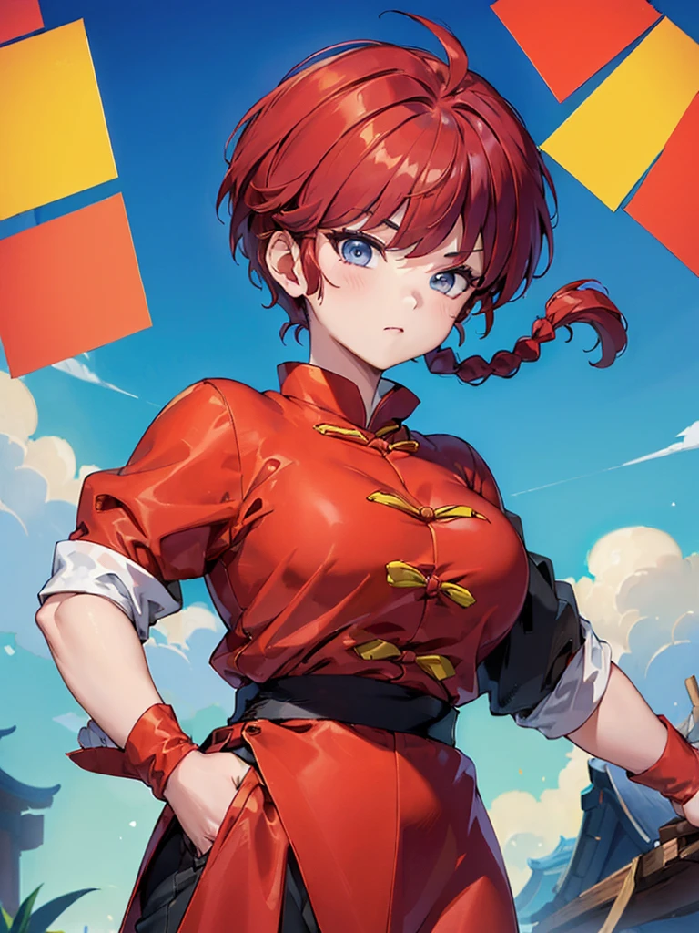 ((masterpiece:1.4)), expensive quality, very_expensive_solve, big_file size, Full Color, Thick outline, Clear contours, colorful, (Beautiful fine details, Are thin:1.4), ((Beautiful Face:1.0)), ((Boyish face:1.4)), 1 girl, (Ranma), (Redhead), short hair, (Braided Ponytail), ((bangs)), bumpy bangs, Blue-gray eyes, Big Breasts, Curvy, Ranma, Braided Ponytail, (Red Chinese Clothing), No sleeve, Tangzhuang, Black trousers, Are standing, ((, Are thin:1.4)), ((from the front:1.4)), Are thin:1.4
