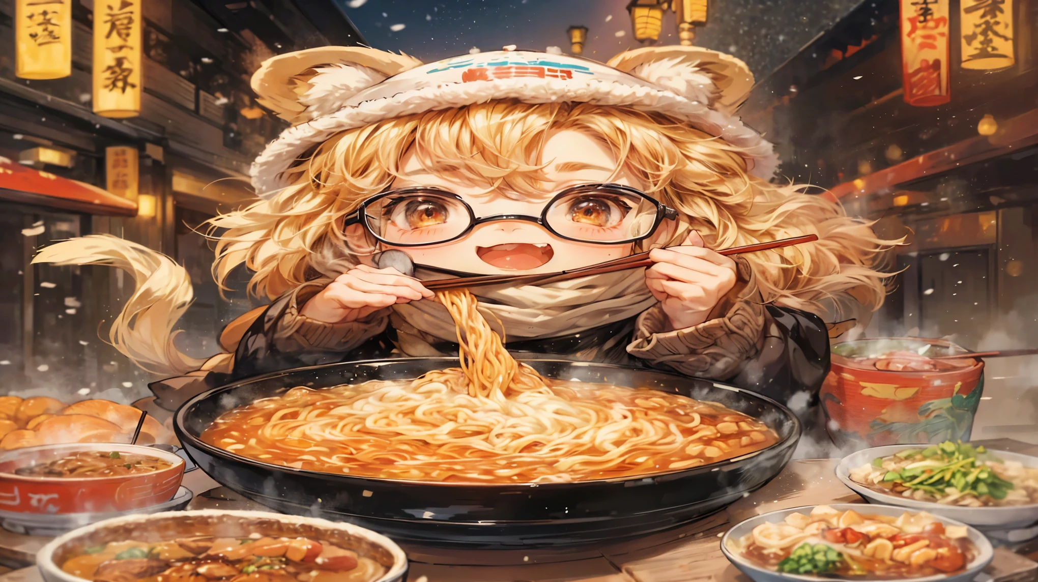 cute lion girl , glasses, Eating , Ramen, be happy, chopstick, excited, winter, winter hat and muffler , Hot spring restaurant , colorful, Manga style, Pen techniques, anime sketch style, The black line is very thick --Nichi 5