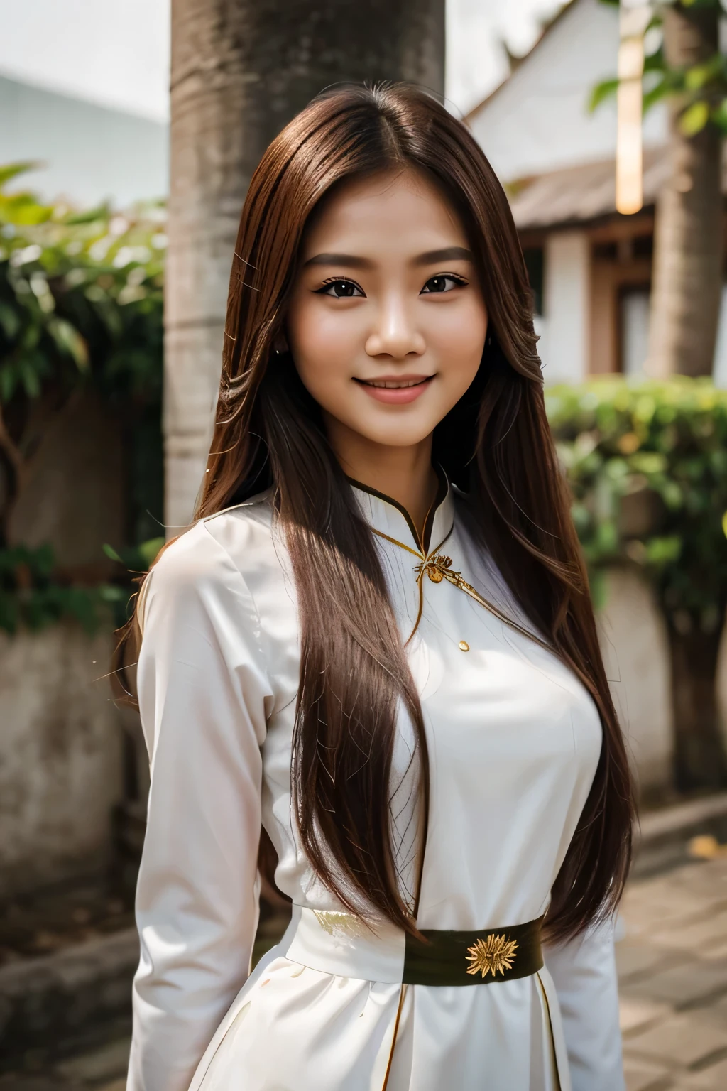 hyperrealistic photo of long-haired woman posing for a photo, thai girl photo, by Abidin Dino, tumblr, ao dai, very beautiful face, beautiful smile, adorable sweet eyes, realistic:1.1