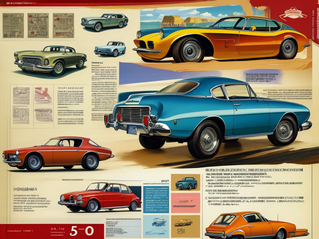 vintage car design sheet page scan, informative graphs, concept sheet illustration, white backround