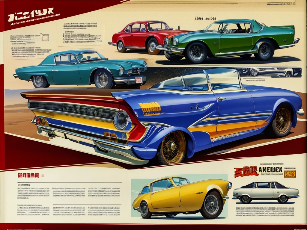 vintage car design sheet page scan, informative graphs, concept sheet illustration, white backround