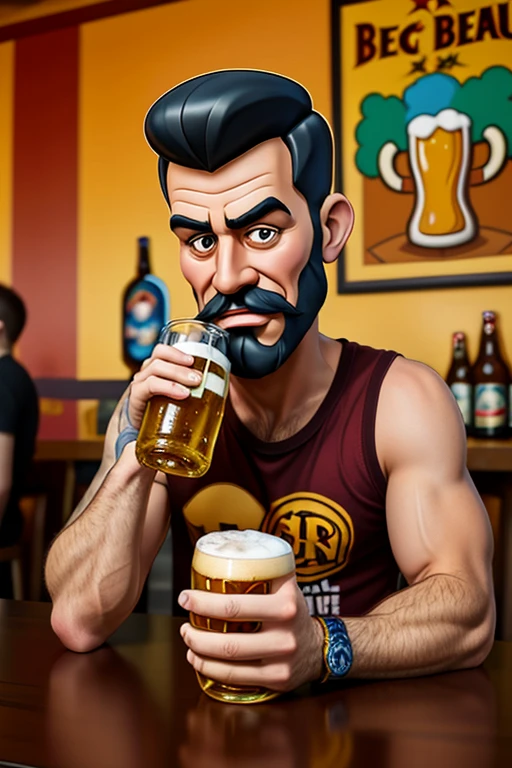 cartoon man sitting at a table with a beer and a bottle, stylized digital illustration, man drinking beer, caricature illustration, beers on the table, 2d illustration, 2D illustration, detailed 2D illustration, portrait of an alcoholic, drinking beer, cartoon style , caricature, in cartoon style, cartoon style illustration, drinking beer, 2D rendering, beer, 8k