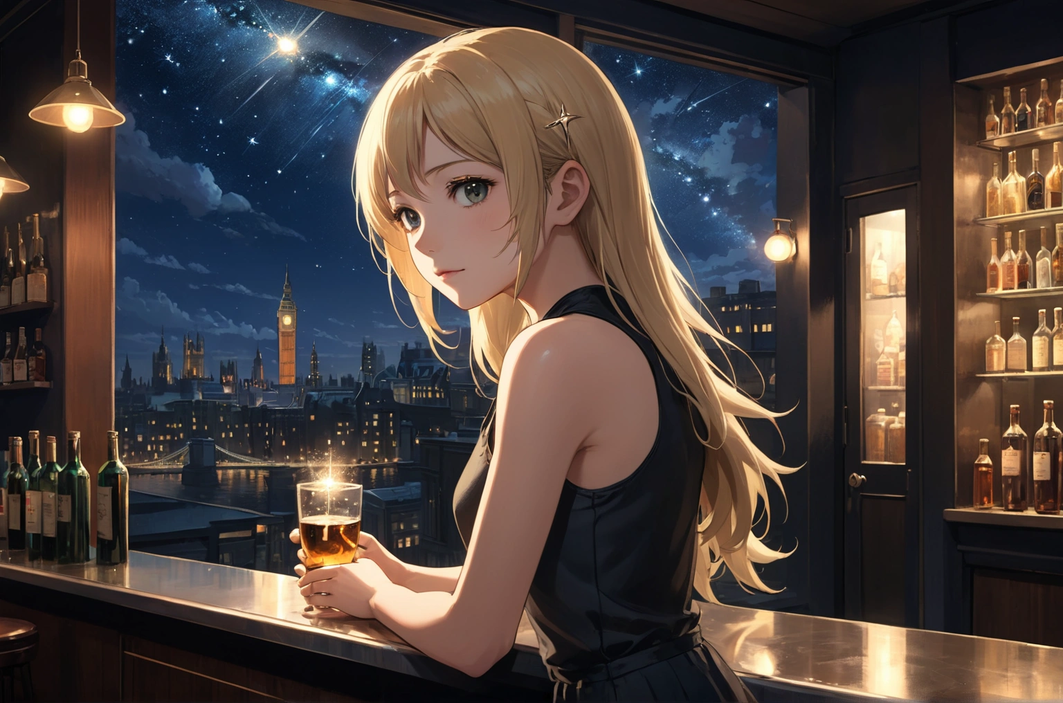 Uses Makoto Shinkai&#39;s depiction perfectly,Summer McIntoshのポートレート,8k 4k masterpiece photo ,tokyo,A jazz bar with a glass ceiling,The twinkling stars can be seen through the glass windows.,It&#39;s a dark night outside,Jazz is playing,Close-up of profile,Beautiful in profile,Semi-long hair,Blonde,Standing alone at the counter,There is a small whiskey glass on the table.,Tight-fitting tank top,Bust is medium,Same character as before、Same store as before