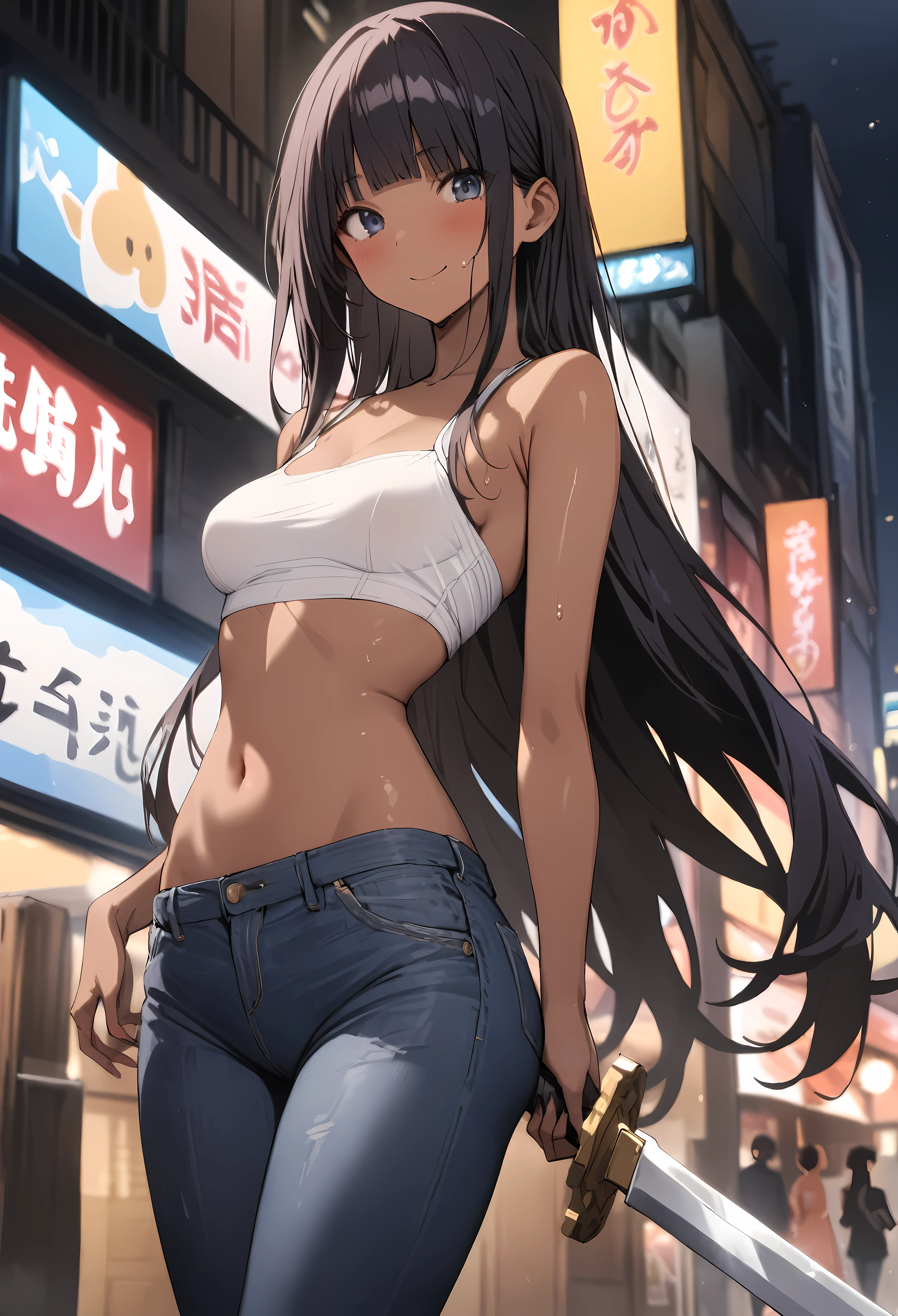 1girl, anime girl, anime, (dark skin), bracelet, necklace, earrings, 2d girl, 18y, (fullbody), anime girl, seductive smile, (black hair), flowing hair, hair flowing in the wind, ((tube top,strapless)), ((underboob view)), cleavage, Solo, Slim, Big Breasts, Tight Shorts, low waist shorts, upshorts, outdoors, night background, flowers, looking at viewer, darker shadows, (((Wedgie))), (((explicit))), (((short,shorts))), (((absurdres))), (((thigh gap))), (((NSFW))), (((cameltoe))), (((lowleg shorts))), (((sexy))), (((sensual))), (((cameltoe,Detailed description vagina))), (((Tube Top))), (((Strapless)))