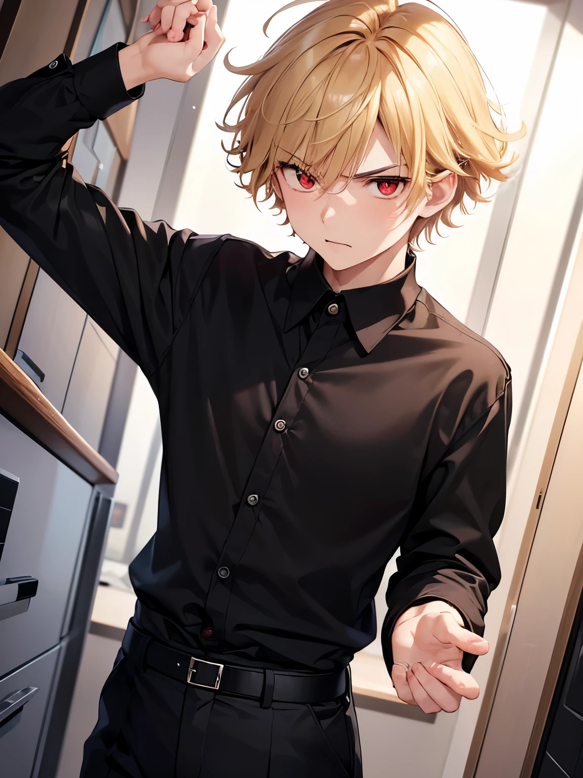 1boy,handsome,18 years old,Angry expression, hands holding things,,close up photo,Perfect face, HD face, ultra detailed face, short hair, blonde hair, messy hair,Black long-sleeved shirt, open buttons,black trousers, bright red eyes,,ultra detailed, ultra HD