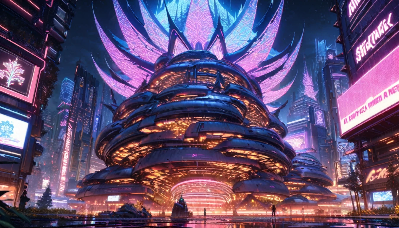 science fiction lanscape, tree made of metal, gigantic structure, nighttime, a lot of neon lights, mythical structure, grand metal tree, neon lights instead of leafes, fantasy, high techa, perspective, atmospheric perspective, wide shot, highres, 8k, best quality, award winning, super detail, accurate, masterpiece, UHD