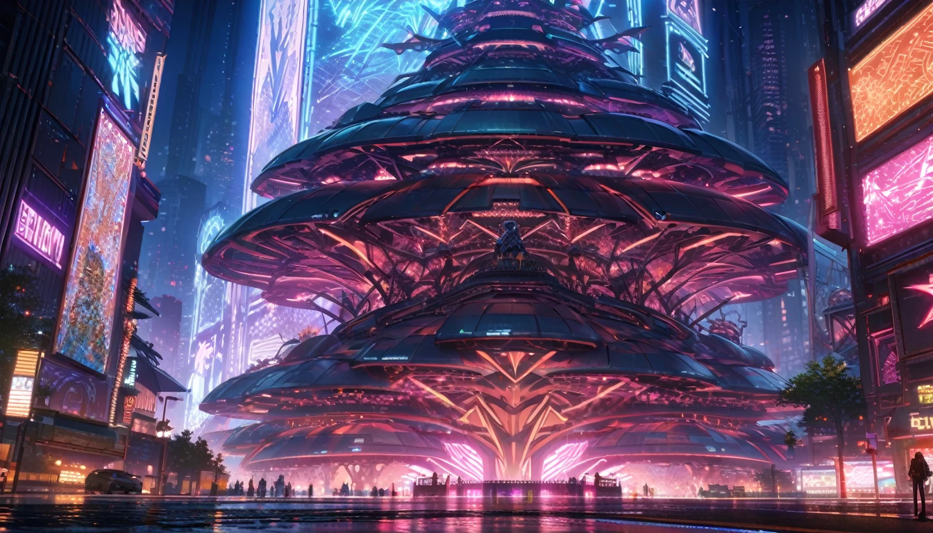 science fiction lanscape, tree made of metal, gigantic structure, nighttime, a lot of neon lights, mythical structure, grand metal tree, neon lights instead of leafes, fantasy, high techa, perspective, atmospheric perspective, wide shot, highres, 8k, best quality, award winning, super detail, accurate, masterpiece, UHD