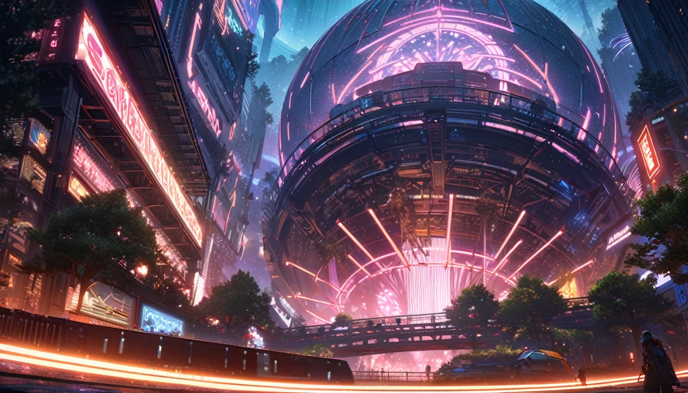 science fiction lanscape, tree made of metal, gigantic structure, nighttime, a lot of neon lights, mythical structure, grand metal tree, neon lights instead of leafes, fantasy, high techa, perspective, atmospheric perspective, wide shot, highres, 8k, best quality, award winning, super detail, accurate, masterpiece, UHD