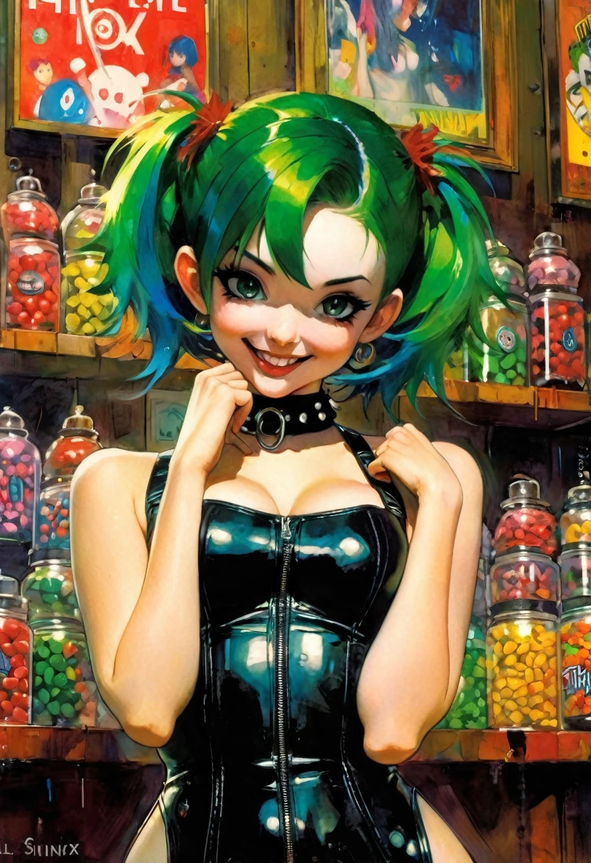 masterpiece, best quality, a green-haired girl in the middle of a small candy store, sexy, mischievous smile, punk look, tight leather dress, pronounced nipples, anime, high quality , simple oil painting in the style of Bill Sienkiewicz
