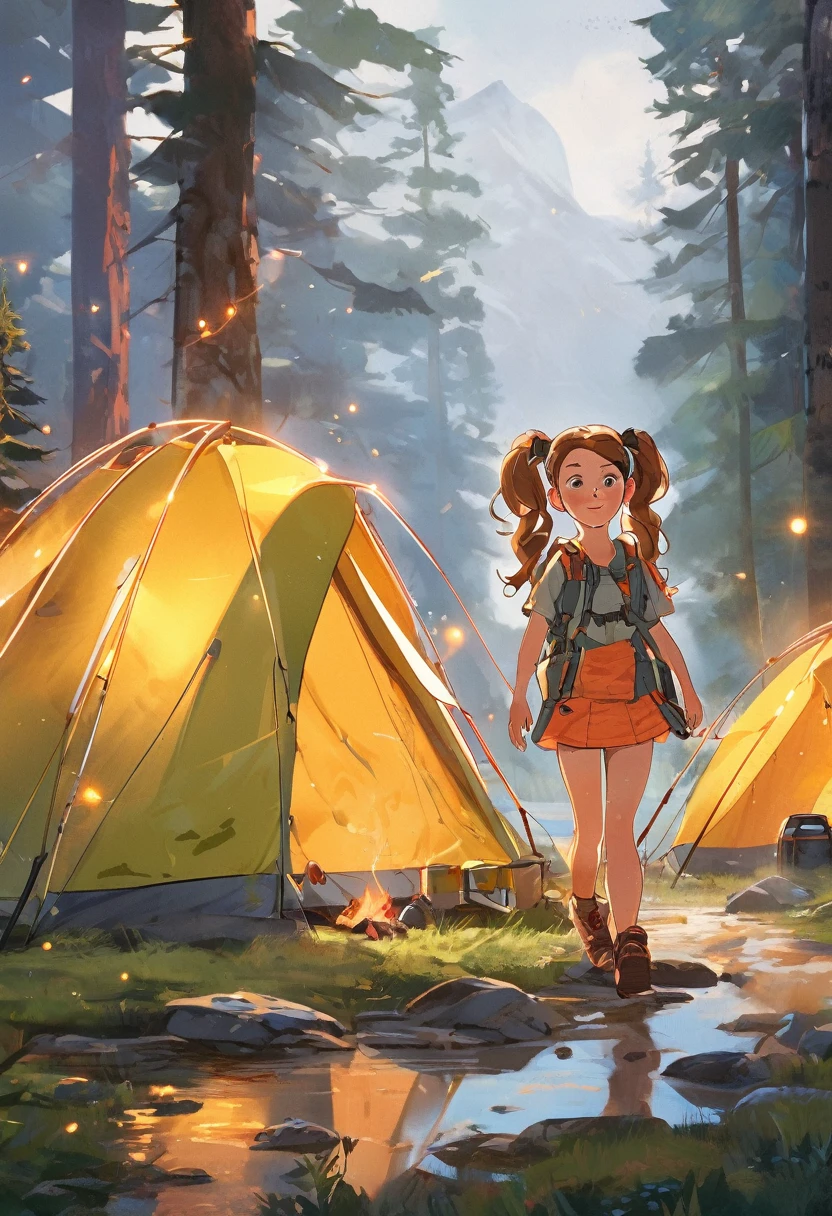 ((masterpiece)),((best quality)),((ultra-detailed)),Twin pigtails,freckles,Reliable (camping,),mountain,