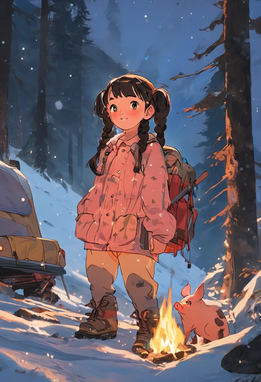  ((masterpiece)),((best quality)),((ultra-detailed)),Twin pigtails,freckles，Reliable (camping,),mountain, 