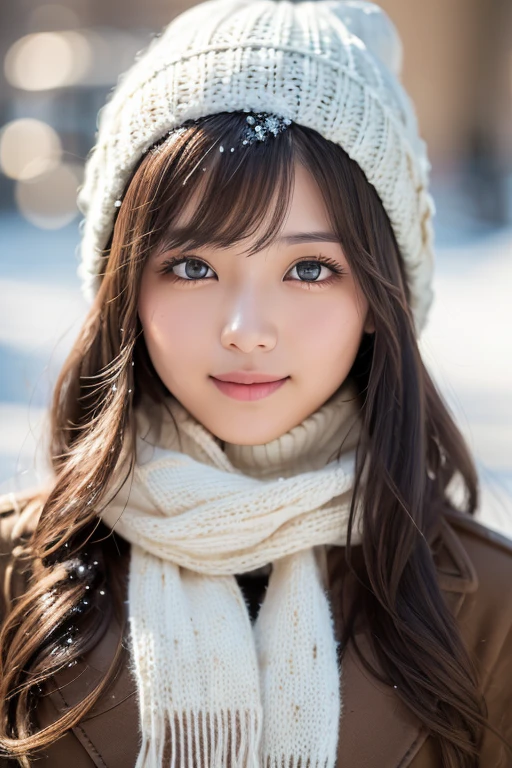 one girl, (a beauty girl, delicate girl:1.3), (22 years old:1.3),
break, (scarf, Knitted hat:1.3),
break, Definition of very fine particles, (Symmetrical eyes:1.3),
break, (Snow Scene:1.3),
break, Small breasts, Parted bangs, Brown Hair, girl,
break, (Eye and facial details:1.0),
break, (masterpiece, highest quality, Very detailed, Detailed face, 8k)、smile:1.1、Drooping eyes、