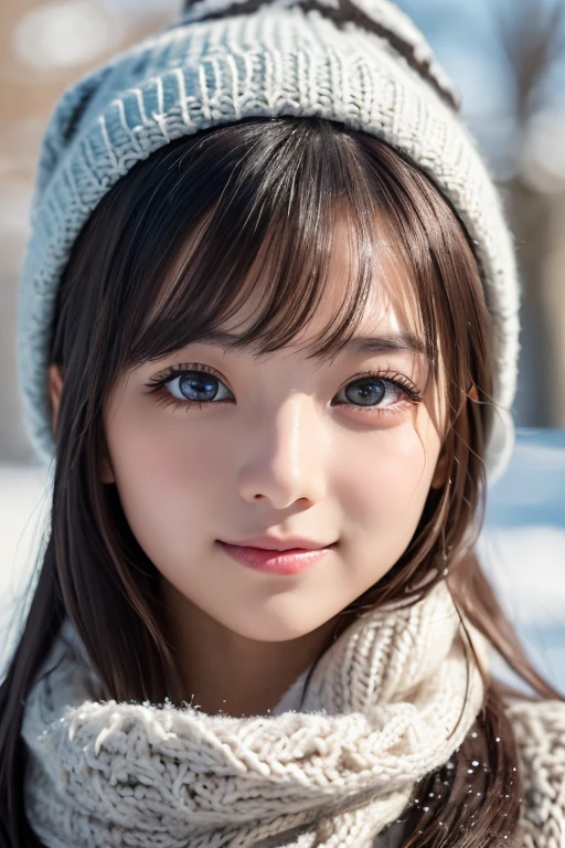 one girl, (a beauty girl, delicate girl:1.3), (22 years old:1.3),
break, (scarf, Knitted hat:1.3),
break, Definition of very fine particles, (Symmetrical eyes:1.3),
break, (Snow Scene:1.3),
break, Small breasts, Parted bangs, Brown Hair,  girl,
break, (Eye and facial details:1.0),
break, (masterpiece, highest quality, Very detailed, Detailed face, 8k)、smile:1.1、Drooping eyes、