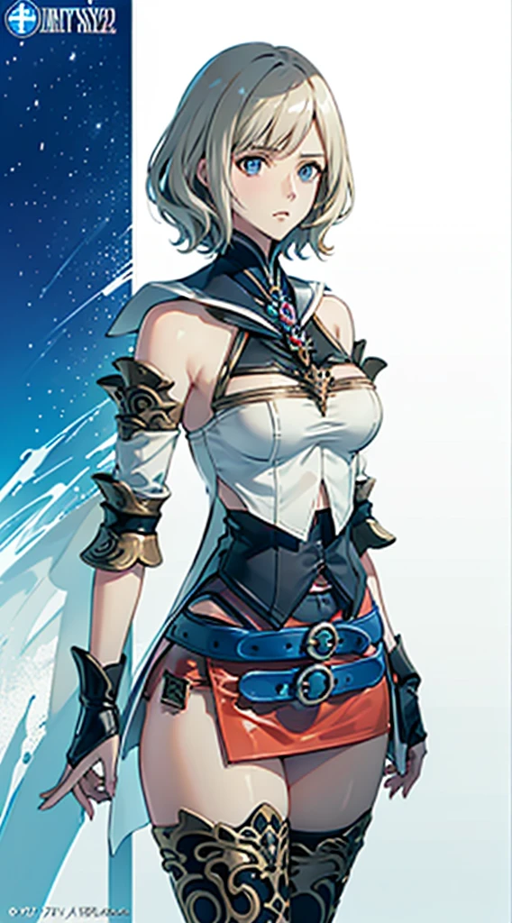 S-curve,s line,(cowboy  shot,masutepiece, of the highest quality, Best Quality, Official art, Beautiful and aesthetic:1.2), ighly detailed, Colorful,highest details,Illustrations,Everyday scenery, 1girl in, Solo, (large boob,Final Fantasy 12,Ashelia, shorth hair,short-hair ,Ashelia Costume,Red mini skirt, thighs thighs thighs thighs, Knee socks that cover up to the shin,jewely, Blue belt,Number on one of the belts), is standing, move chart,Medieval fantasy