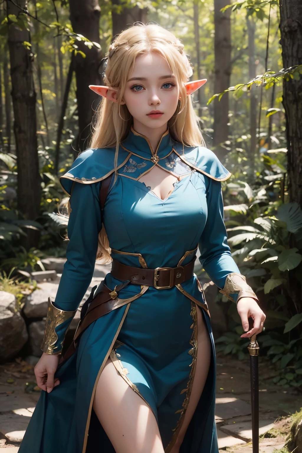 Elf,(8k, RAW Photos, highest quality, masterpiece:1.2),Super detailed,blonde,blue eyes,RPG,princess,battledress,moving,in forest