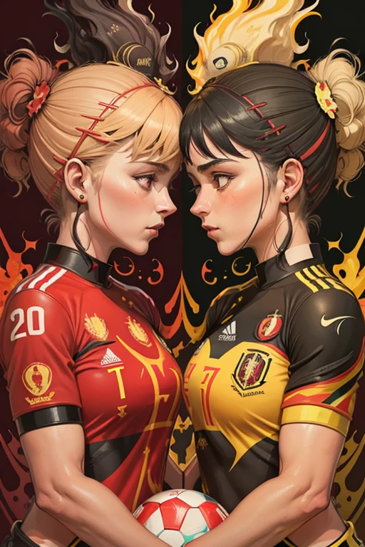 Promote the football match between Belgium women u23, called red flames, and Portugal women u23. Create an abstract visual about Belgium VS Portugal