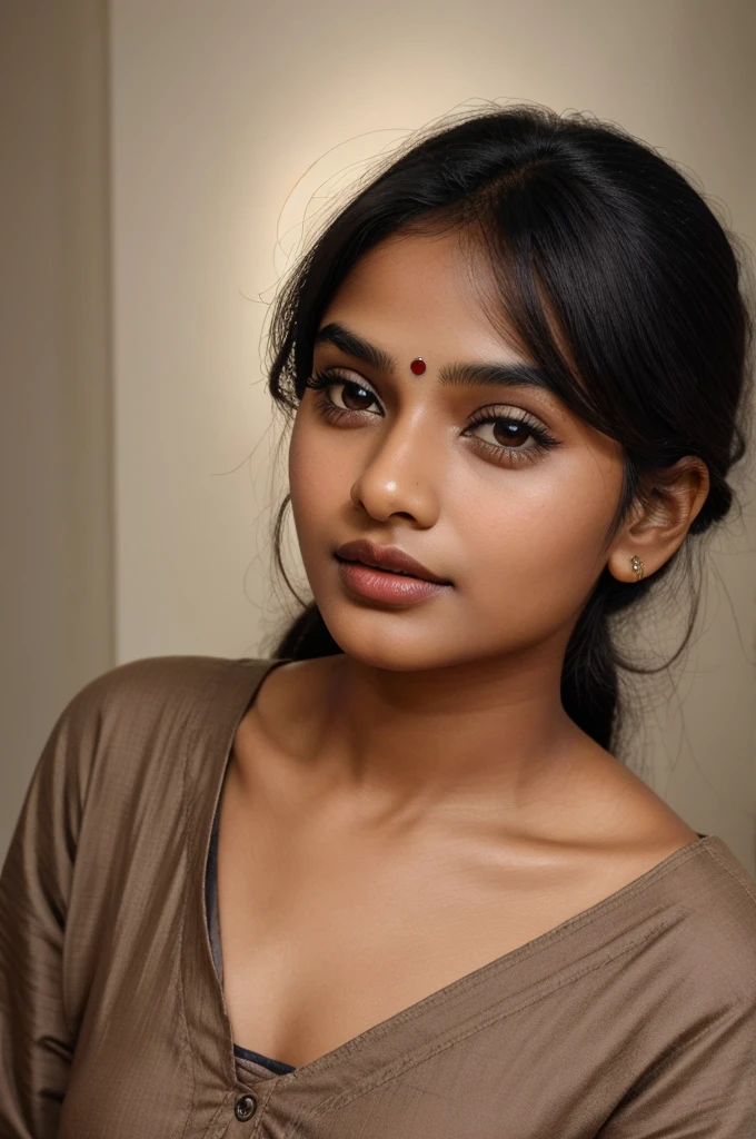 Indian girl in little dark tone, oval face shape, medium lips , little thik eyebrow