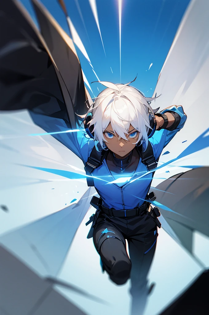 Young adult, Male, white hair, blue Eyes, African American Dark skin color, black jumpsuit, headphones, Trion Body, Armed.