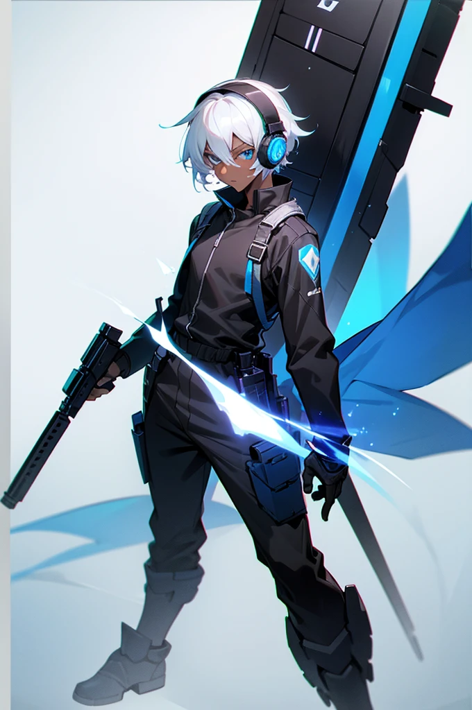 Young adult, Male, white hair, blue Eyes, African American Dark skin color, black jumpsuit, headphones, Trion Body, Armed.