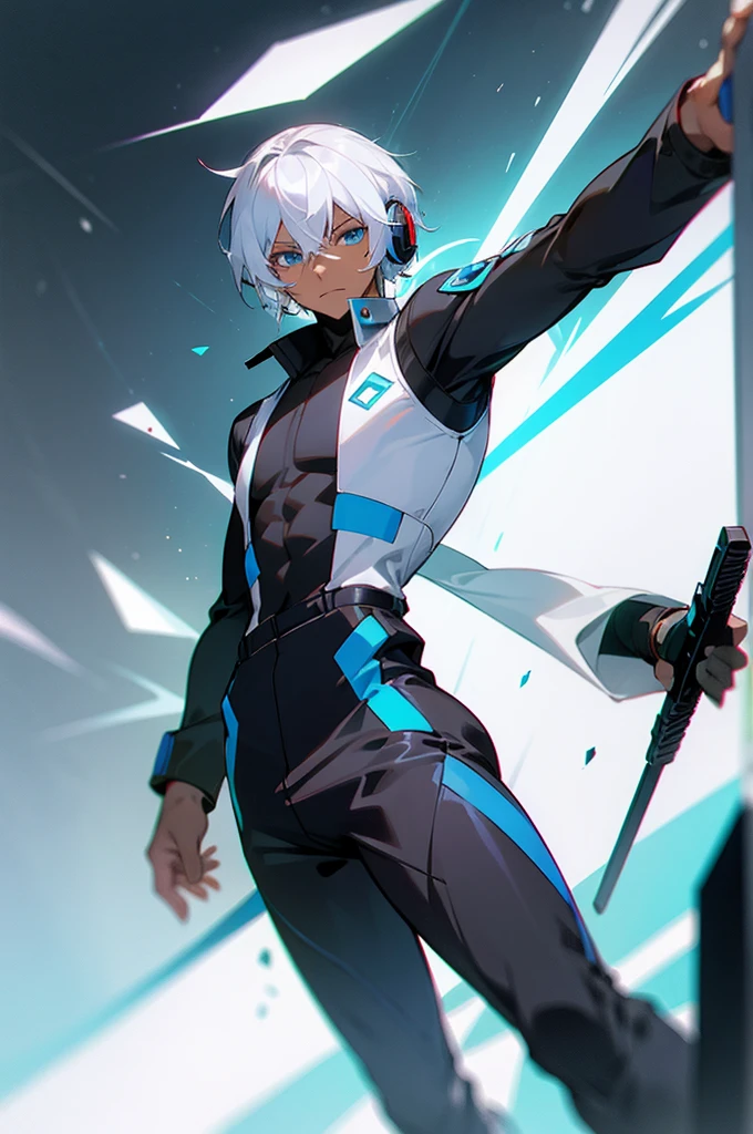 Young adult, Male, white hair, blue Eyes, African American Dark skin color, black jumpsuit, headphones, Trion Body, Armed.