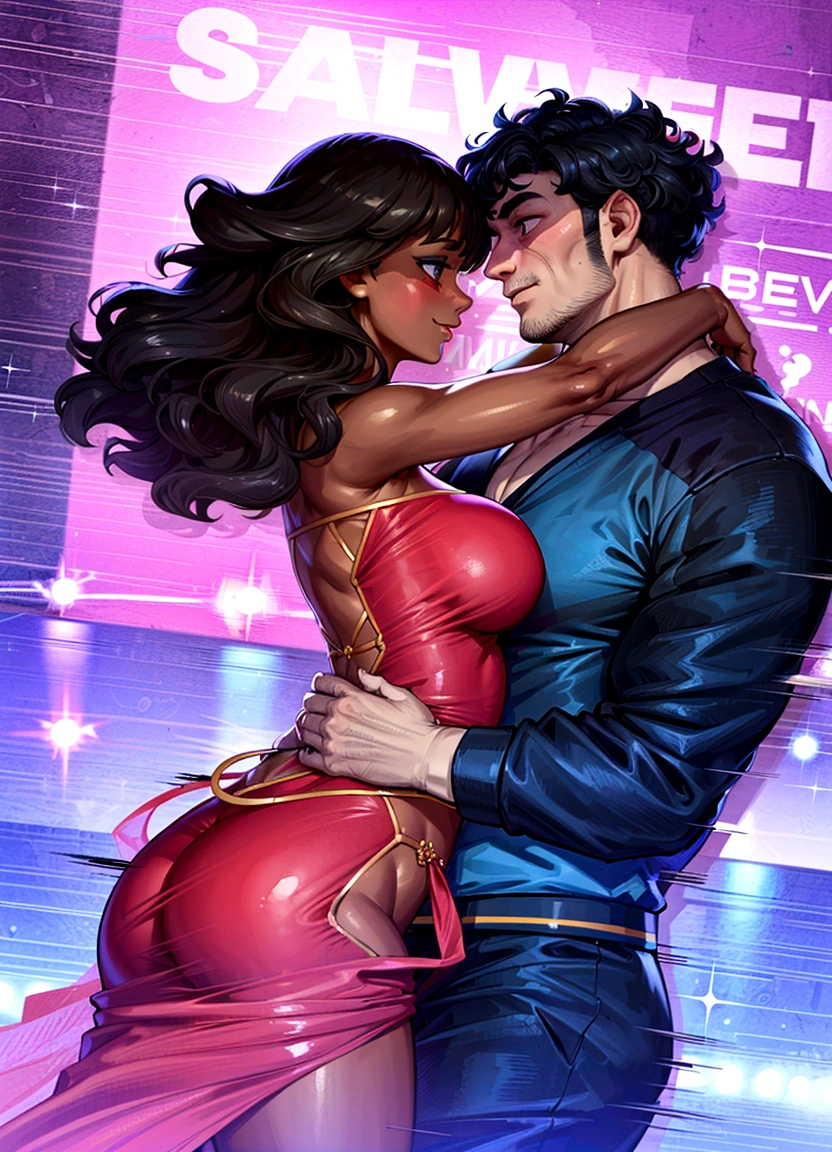 Hdr, masterpiece,4K, ray tracing, best quality, 1boy, 1girl, steven quartz universe, connie maheswaran,  face to face,enamored couple, passionate sensuality, nightclub background, erotic dancing, couple focused,  couple dancing together, highly-detailed animation, beautiful aesthetic, detailed smooth textures, motion lines,  incredible absurdres,  sharp gradients, deep highlights,  unreal engine,  incredibly detailed,  dynamic lighting, carnality,
dynamic perspective,  dynamism, brilliant shading, sensual  shadowing,  sensuous atmosphere,  intricate fabric details, amazing skin, perfect hands, perfect, perfect eyes,  steven quartz universe, age 23, fat man, handsome, wavy black hair, strongman waist, deep brown eyes, round face,  urban masculine rave outfit, connie maheswaran,  age 22, salacious rave girl, blue fire decal urban  rave minidress,  perfect square physique,  beautiful detailed black eyes, flowing, shining, wavy black hair, toned,  wide hips, firm chest, hypnotic hips, salaciously smiling, looking over shoulder