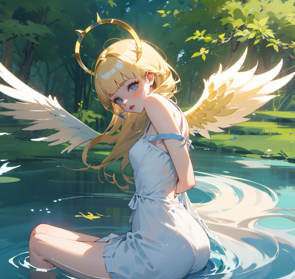 (High quality) (best quality) (A woman) (correct physiognomy) woman, long blonde hair with bangs on her forehead, four small angel wings emerge from her head, two on the left side and two on the right side, two wings of angel coming out of her back, a golden halo behind her head, golden eyes, sensitive lips, middle aged, white dress with straps on the shoulders, skirt cut diagonally leaving one leg exposed, location of the photo the woman must be in a pond with water and fish in the middle of the forest, photo illuminated by sunlight, full body proportion, showing in the photo the body from head to torso