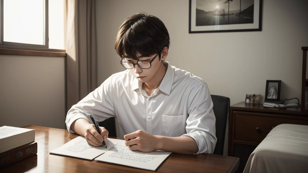 White corean adolescent man at his room writing a letter down suspense style with a suspicious look open photography low lights modern clothes ultrarealistic details wearing glasses