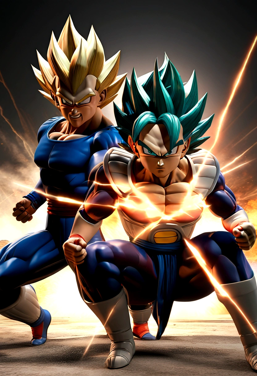 Create a 3D, anime, and realistic style image of Goku and Vegeta from Dragon Ball Super in their highest forms, both performing powerful energy attacks with intense anger on their faces.
