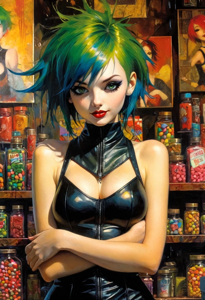 punk girl, green hair, sexy, in the middle of a small candy store, nipples, breasts, navel, long hair, masturbates, seductive smile,breasts,skinny,{naked, {pussy, spreads her pussy, cum, cum in pussy, masterbation, straddling,}, {{{back, doggy style, penis, 1 boy}}}, cute, skin ultra detailed, sketch, 10000 layers, highest, best, amazing, cool, detail, elegant,, art by Bill Sienkiewicz, intricate details, oil painting .
