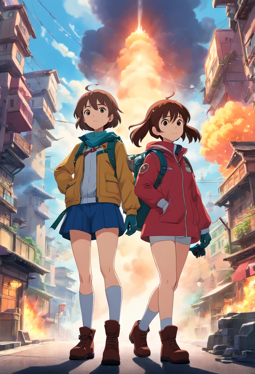 ((High quality)), ((masutepiece)), 8K, 2girls, bulletproof vest, llight rays, Highly detailed CG Unity 8K wallpaper, Game CG, Looking at Viewer, gloves, long boots, Full body, Watch, a computer, Mask, drone, holding weapon, headphones, Jacket, (Background Destruction City , explosions , Smoke