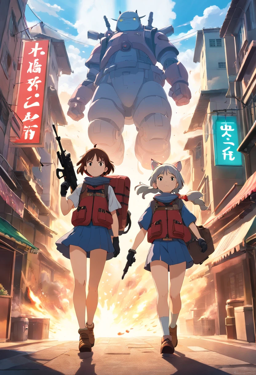 ((High quality)), ((masutepiece)), 8K, 2girls, bulletproof vest, llight rays, Highly detailed CG Unity 8K wallpaper, Game CG, Looking at Viewer, gloves, long boots, Full body, Watch, a computer, Mask, drone, holding weapon, headphones, Jacket, (Background Destruction City , explosions , Smoke