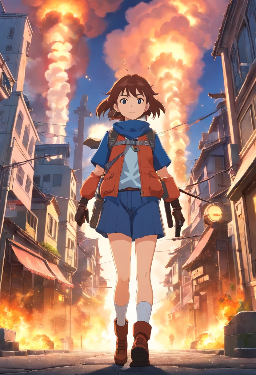 ((High quality)), ((masutepiece)), 8K, 2girls, bulletproof vest, llight rays, Highly detailed CG Unity 8K wallpaper, Game CG, Looking at Viewer, gloves, long boots, Full body, Watch, a computer, Mask, drone, holding weapon, headphones, Jacket, (Background Destruction City , explosions , Smoke