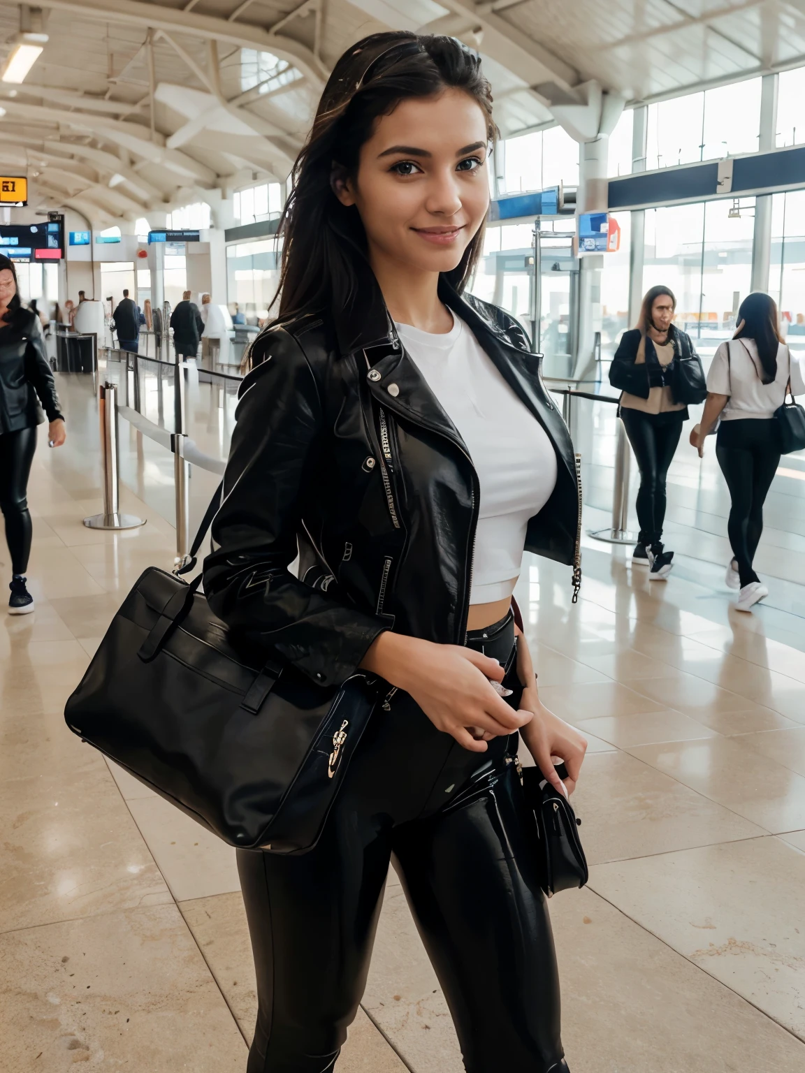 Realistic, ultra-detailed photo of a stylish girl taking a selfie at a medium-sized French airport: she's dressed in sleek black latex leggings paired with a fitted white t-shirt tucked in. Over her shoulders hangs a stylish black leather jacket, and she's wearing white sneakers. Beside her, a sleek carry-on suitcase complements her travel ensemble. The airport terminal is bustling with travelers and busy airport activity in the background, capturing the essence of a typical day at the airport. The girl is confidently smiling at her phone, capturing the excitement of her travel adventure. The combination of casual and latex elements in her outfit, along with the vibrant airport atmosphere, creates a dynamic and engaging photo perfect for sharing her travel moments.