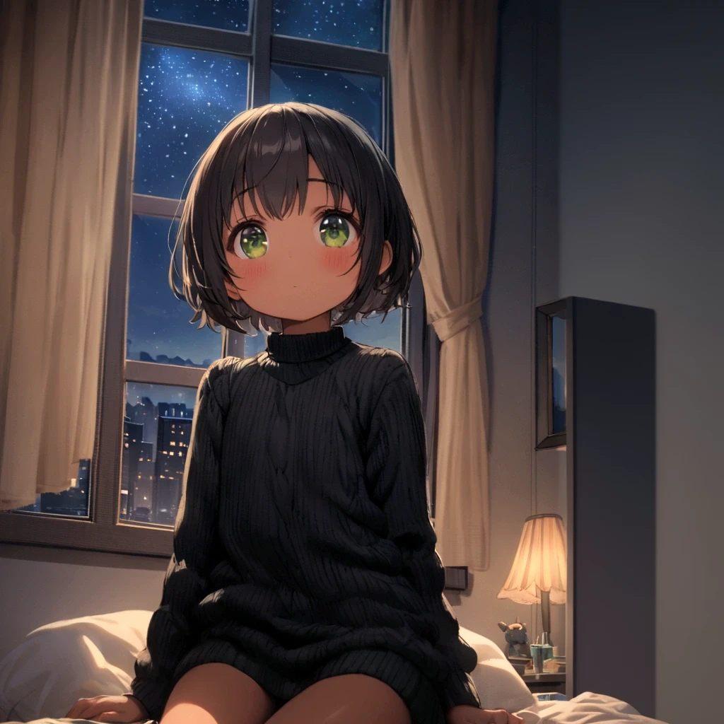 **li, short hair, dark hair, tan, green eyes, black sweater, bare legs, Sitting on the bed looking at the window, it's night, The night is full of bright stars, From the window you can see buildings with their windows open, Your room is tidy, 