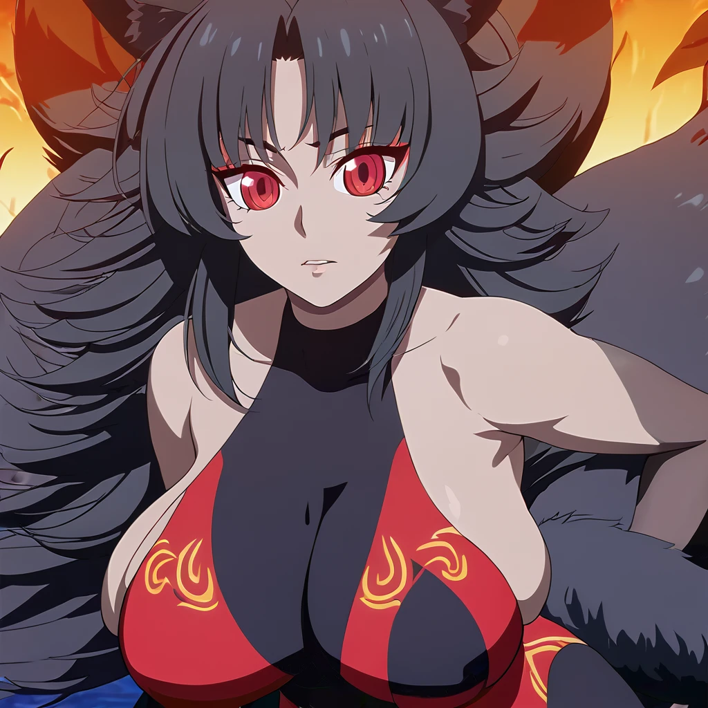 a beautiful detailed black kitsune girl, long black kitsune ears, multiple black kitsune tails, black and red one piece swimsuit, 8k, anime style, red eyes, big breasts, extremely detailed eyes and face, ultra-detailed, 4k, high quality, vibrant colors, long black hair, mature woman, wide waist