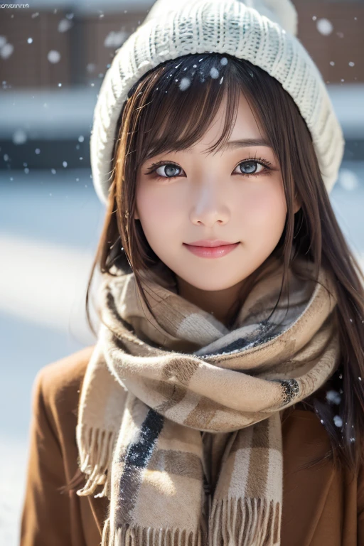 one girl, (a beauty girl, delicate girl:1.3), (22 years old:1.3),
break, (scarf, Knitted hat:1.3),
break, Definition of very fine particles, (Symmetrical eyes:1.3),
break, (Snow Scene:1.3),illumination、
break, Small breasts, Parted bangs, Brown Hair,  girl,
break, (Eye and facial details:1.0),
break, (masterpiece, highest quality, Very detailed, Detailed face, 8k)、smile:1.1、Drooping eyes、